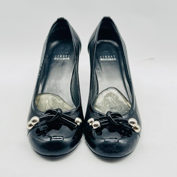 Stuart Weitzman Shoes Womens 7 Black Leather Pump Bow Cap Toe Kitten Chunky Heel - Picture 4 of 9
